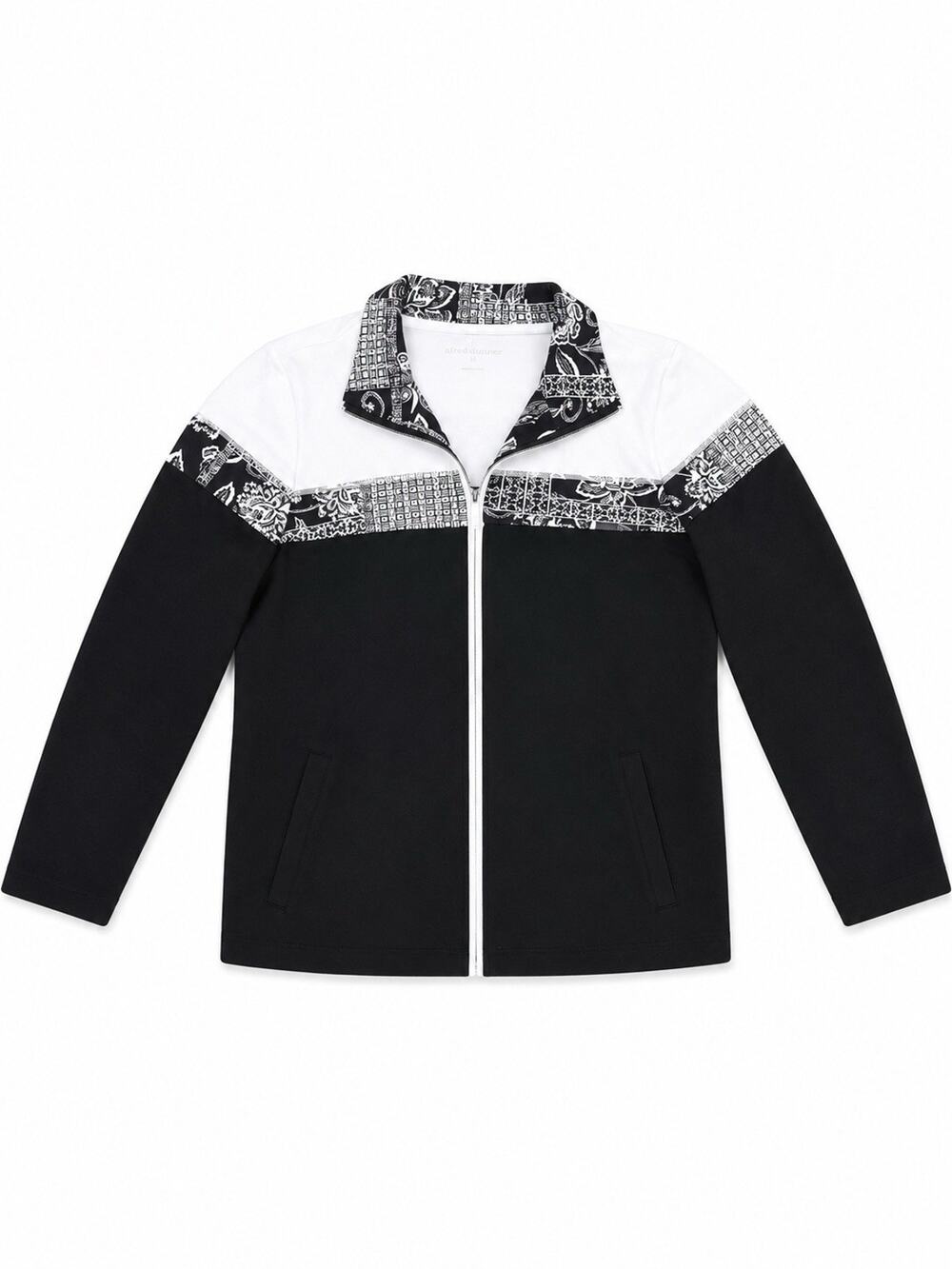 Alfred Dunner Women’s Size 12 Black White Full Zip Jacket Floral Stretch